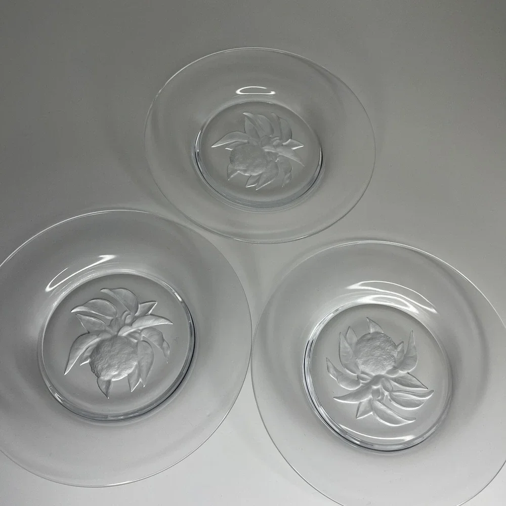 (3) Clear Glass w/ Reverse Frosted Etched‎ Engraved Center Salad Plates 7-3/4